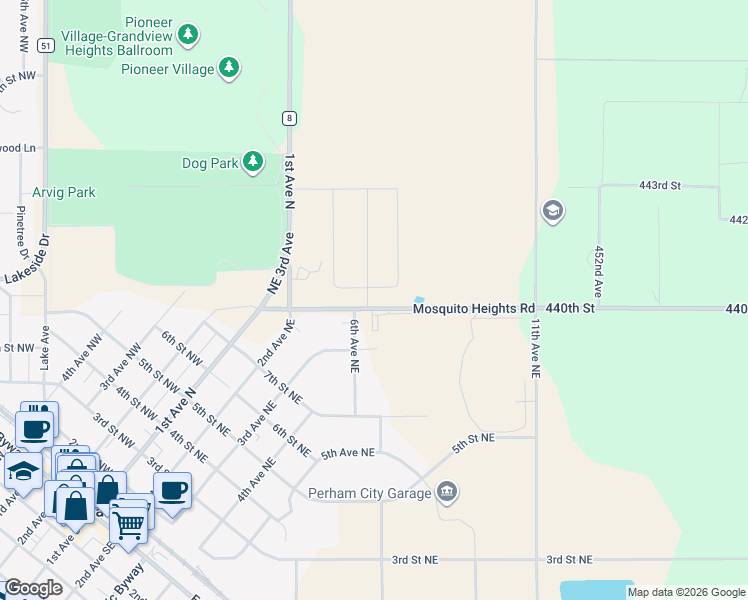 map of restaurants, bars, coffee shops, grocery stores, and more near 701 8th Street Northeast in Perham