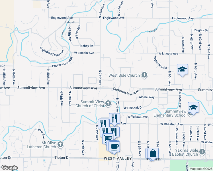 map of restaurants, bars, coffee shops, grocery stores, and more near 7313 Summitview Avenue in Yakima