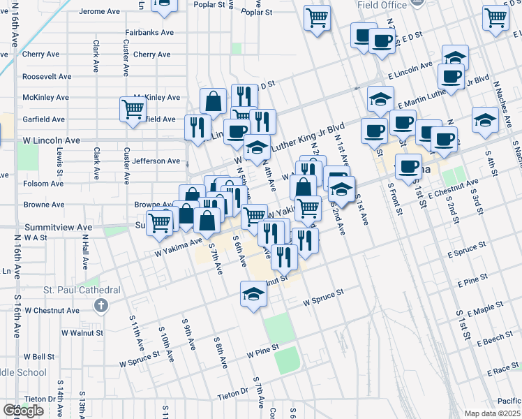 map of restaurants, bars, coffee shops, grocery stores, and more near 6 North 5th Avenue in Yakima
