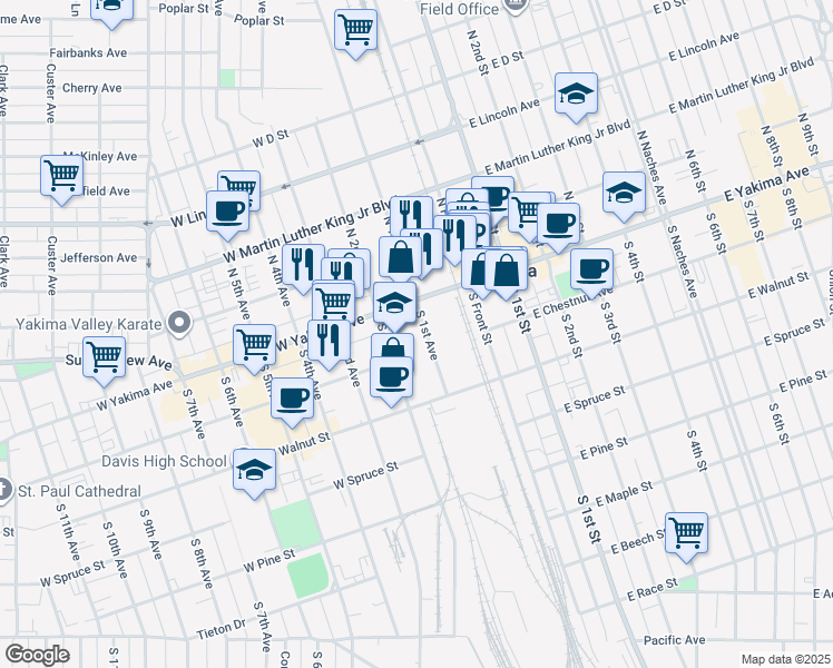 map of restaurants, bars, coffee shops, grocery stores, and more near 104 W Yakima Ave in Yakima