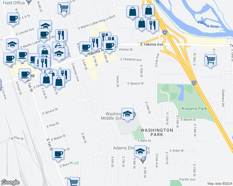 map of restaurants, bars, coffee shops, grocery stores, and more near 304 South Union Street in Yakima