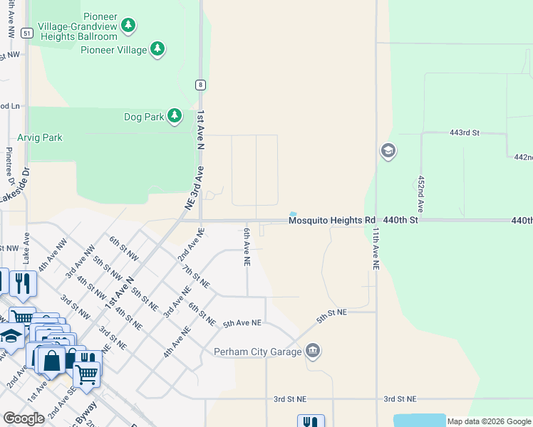 map of restaurants, bars, coffee shops, grocery stores, and more near 701 8th Street Northeast in Perham