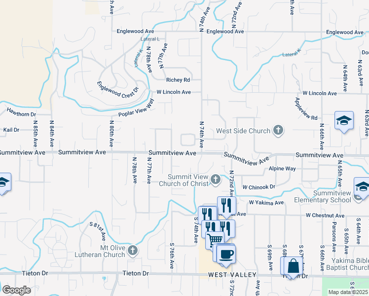 map of restaurants, bars, coffee shops, grocery stores, and more near 209 North 76th Avenue in Yakima