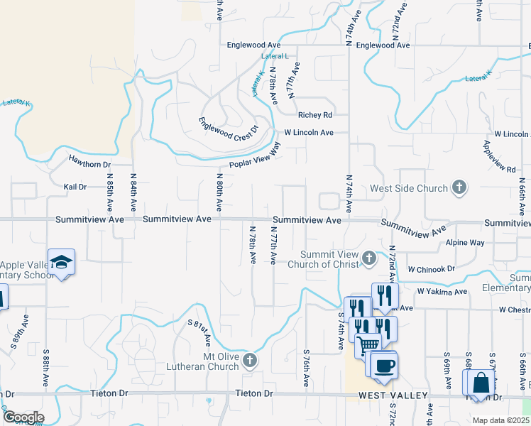 map of restaurants, bars, coffee shops, grocery stores, and more near 7705 Summitview Ave in Yakima