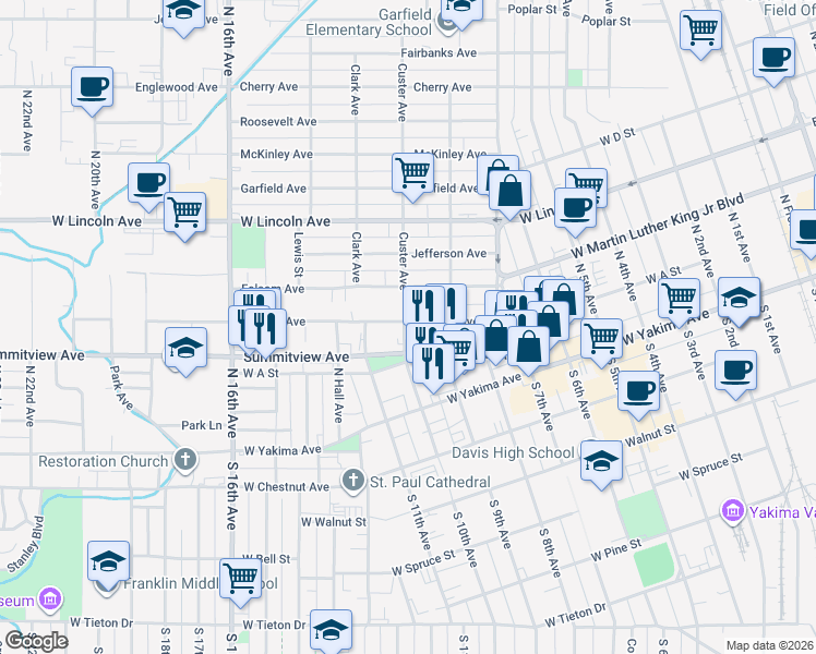 map of restaurants, bars, coffee shops, grocery stores, and more near 1218 Browne Avenue in Yakima