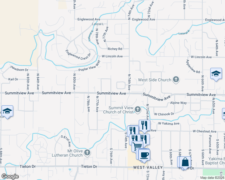 map of restaurants, bars, coffee shops, grocery stores, and more near 209 North 76th Avenue in Yakima