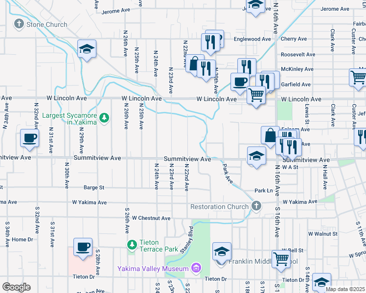 map of restaurants, bars, coffee shops, grocery stores, and more near 212 North 22nd Avenue in Yakima