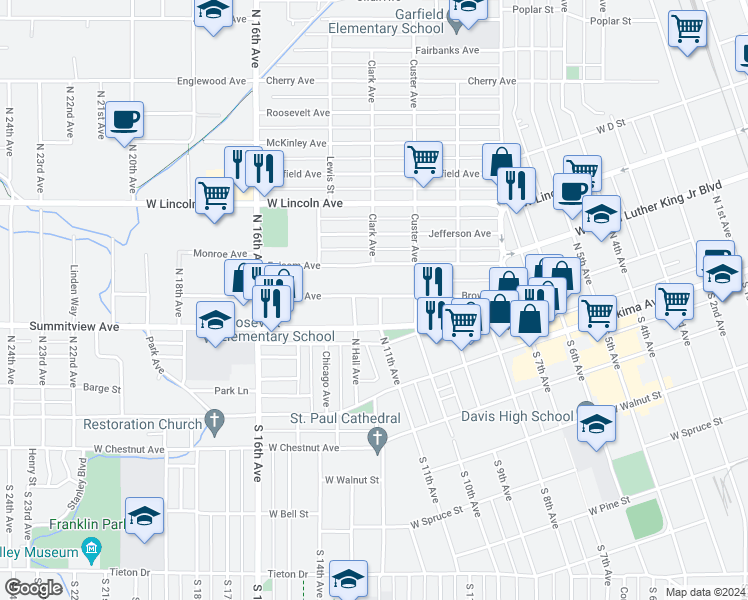 map of restaurants, bars, coffee shops, grocery stores, and more near 1314 Browne Avenue in Yakima