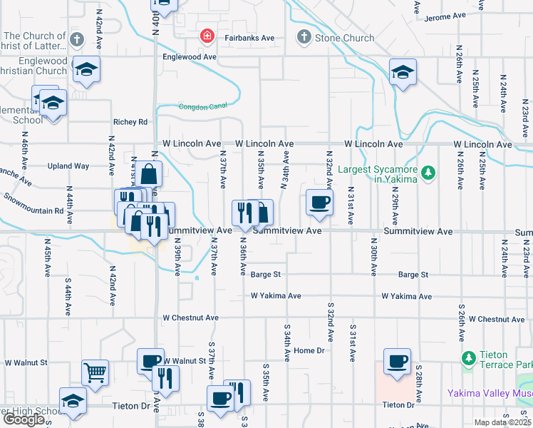 map of restaurants, bars, coffee shops, grocery stores, and more near 208 North 34th Avenue in Yakima