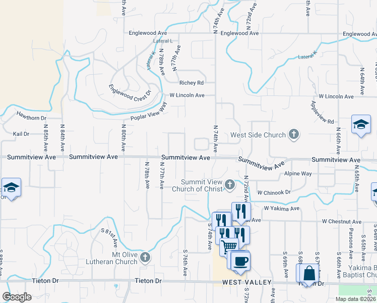 map of restaurants, bars, coffee shops, grocery stores, and more near 209 North 76th Avenue in Yakima