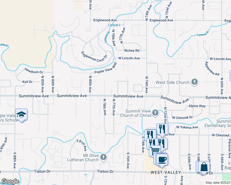map of restaurants, bars, coffee shops, grocery stores, and more near 7705 Summitview Avenue in Yakima