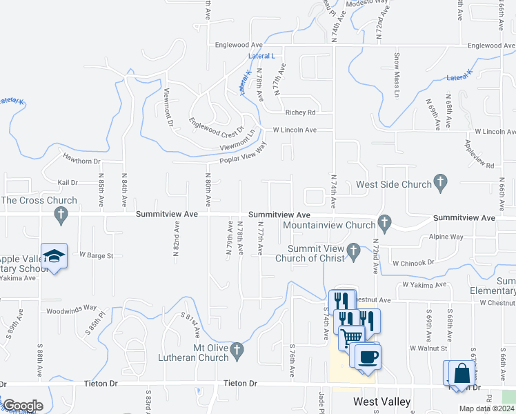 map of restaurants, bars, coffee shops, grocery stores, and more near 7705 Summitview Avenue in Yakima