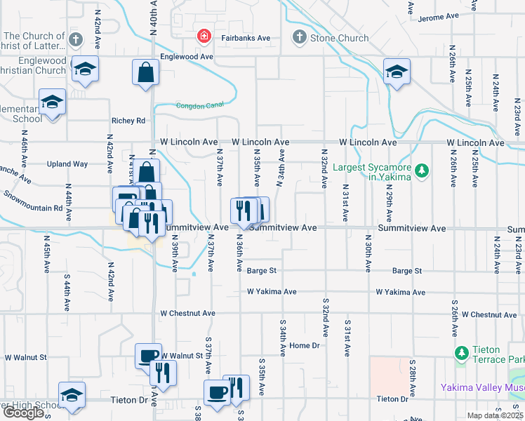 map of restaurants, bars, coffee shops, grocery stores, and more near 208 North 34th Avenue in Yakima