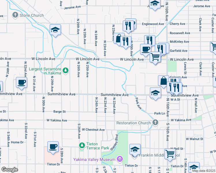 map of restaurants, bars, coffee shops, grocery stores, and more near 212 North 22nd Avenue in Yakima