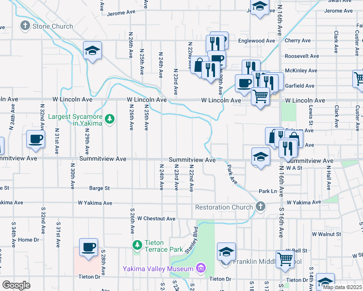 map of restaurants, bars, coffee shops, grocery stores, and more near 212 North 22nd Avenue in Yakima