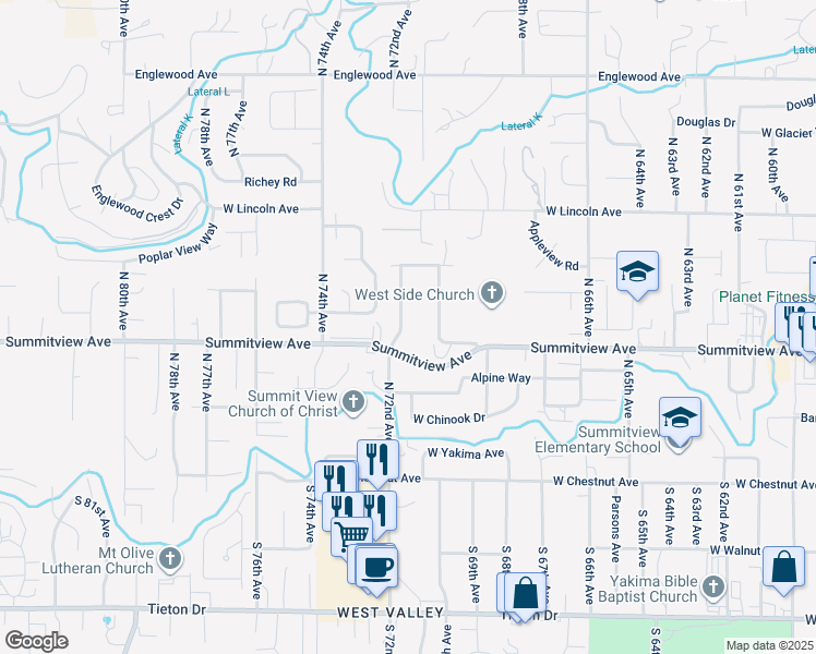 map of restaurants, bars, coffee shops, grocery stores, and more near 3 North 70th Avenue in Yakima