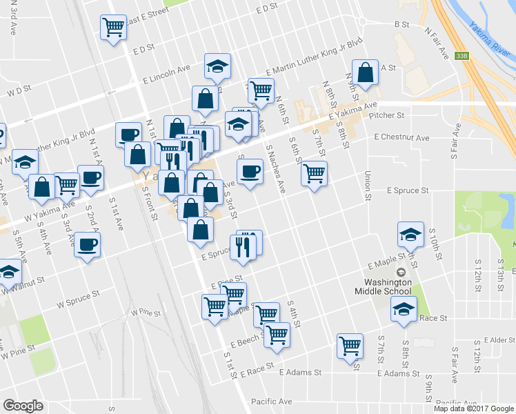 map of restaurants, bars, coffee shops, grocery stores, and more near 398 E Walnut St in Yakima