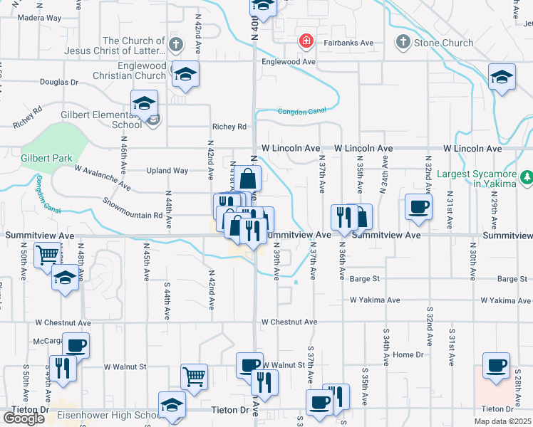 map of restaurants, bars, coffee shops, grocery stores, and more near 3900 Knobel Avenue in Yakima