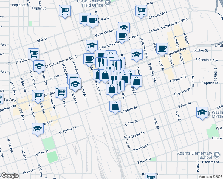 map of restaurants, bars, coffee shops, grocery stores, and more near 112 South 1st Street in Yakima