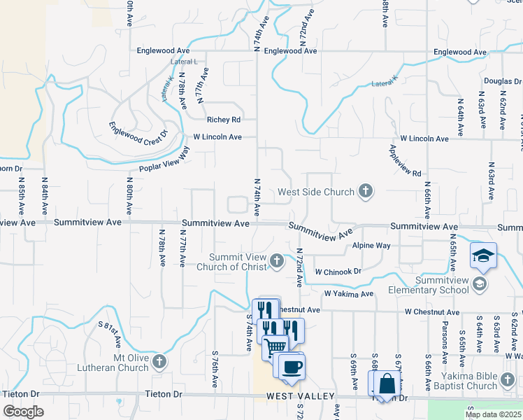map of restaurants, bars, coffee shops, grocery stores, and more near 7313 Summitview Avenue in Yakima