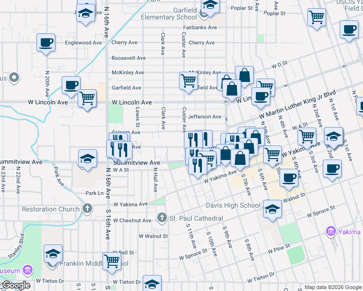 map of restaurants, bars, coffee shops, grocery stores, and more near 1218 Browne Avenue in Yakima