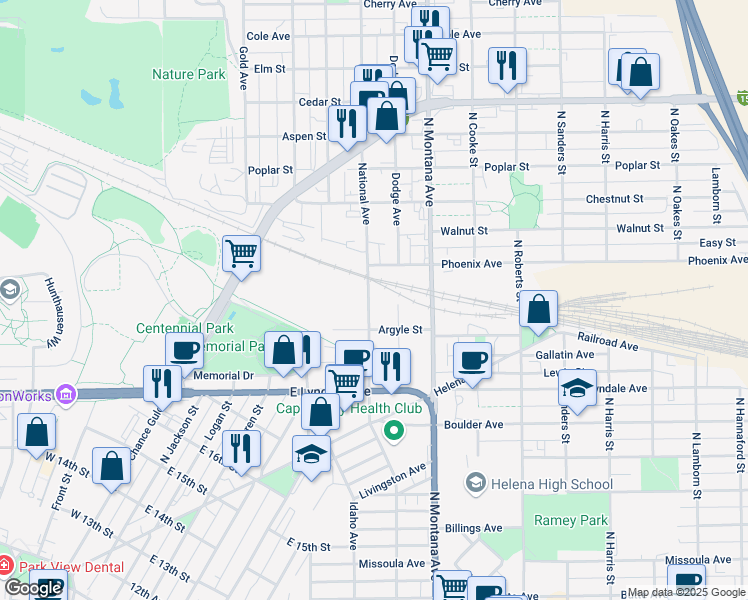 map of restaurants, bars, coffee shops, grocery stores, and more near 1513 National Avenue in Helena