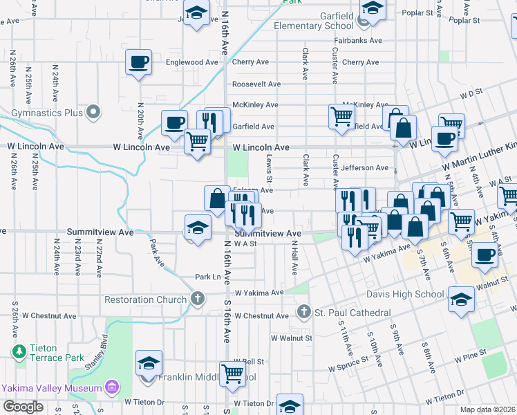 map of restaurants, bars, coffee shops, grocery stores, and more near 1506 Browne Avenue in Yakima