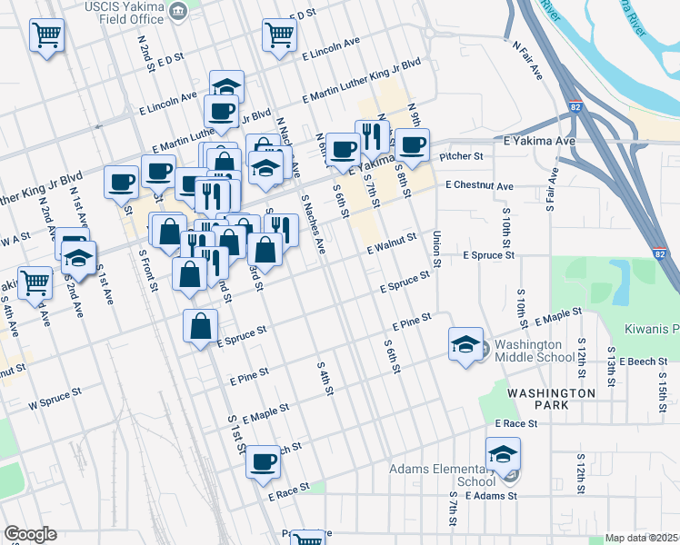 map of restaurants, bars, coffee shops, grocery stores, and more near 209 South Naches Avenue in Yakima
