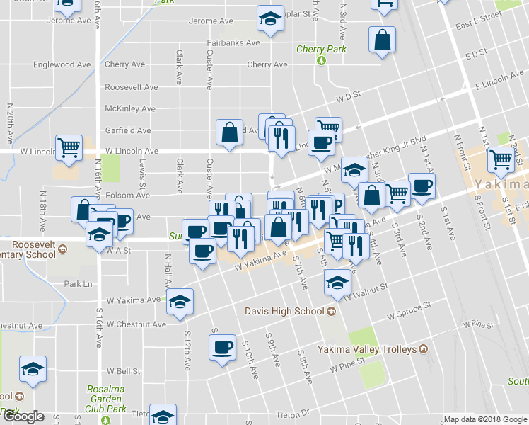 map of restaurants, bars, coffee shops, grocery stores, and more near 110 North Pierce Avenue in Yakima