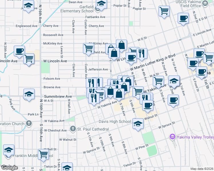 map of restaurants, bars, coffee shops, grocery stores, and more near 110 North Pierce Avenue in Yakima