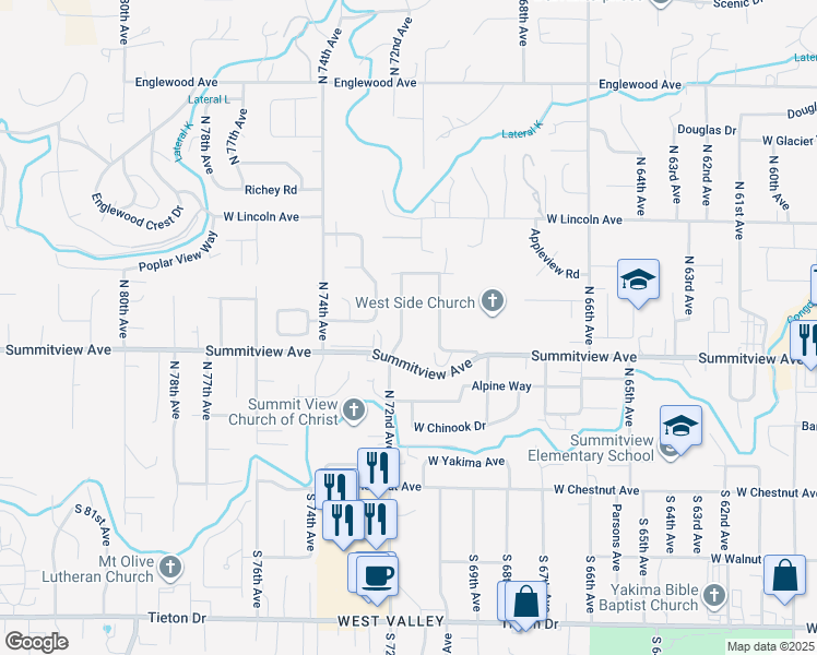 map of restaurants, bars, coffee shops, grocery stores, and more near 3 North 70th Avenue in Yakima