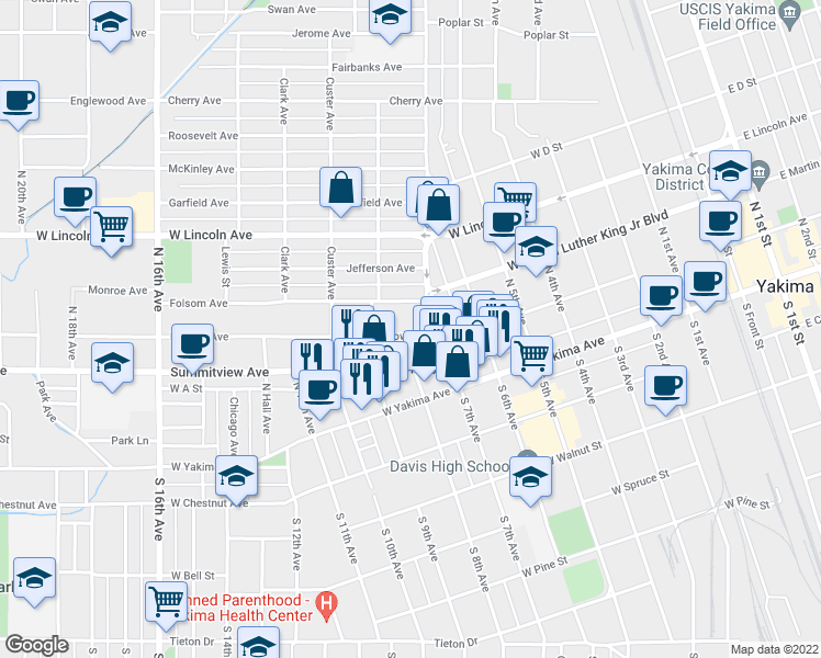 map of restaurants, bars, coffee shops, grocery stores, and more near 1105 Browne Avenue in Yakima