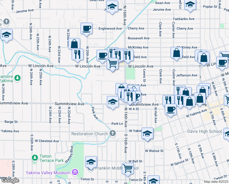 map of restaurants, bars, coffee shops, grocery stores, and more near 1704 Browne Avenue in Yakima