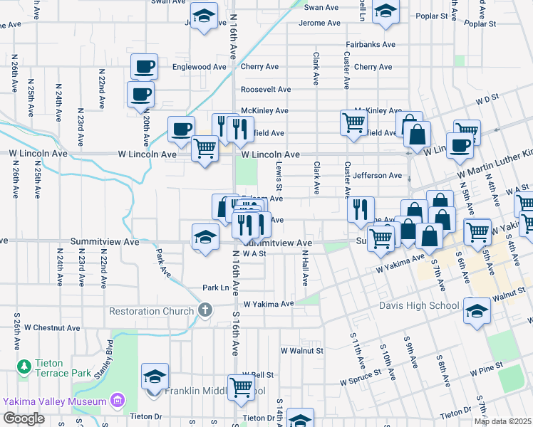 map of restaurants, bars, coffee shops, grocery stores, and more near 1506 Browne Avenue in Yakima