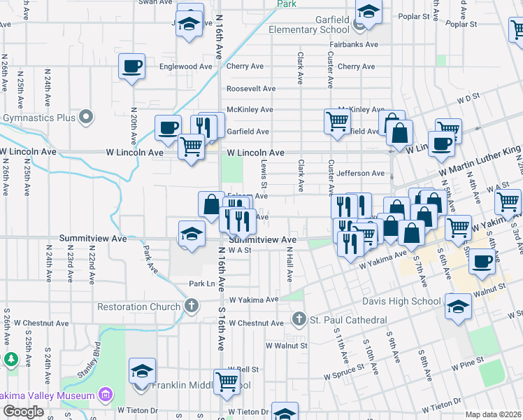 map of restaurants, bars, coffee shops, grocery stores, and more near 1506 Browne Avenue in Yakima