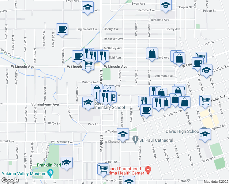 map of restaurants, bars, coffee shops, grocery stores, and more near 1506 Browne Avenue in Yakima