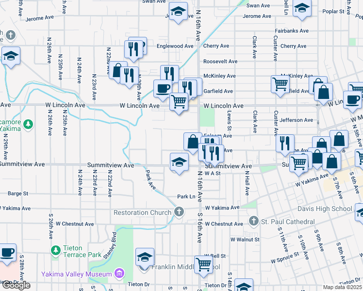 map of restaurants, bars, coffee shops, grocery stores, and more near 1704 Browne Avenue in Yakima