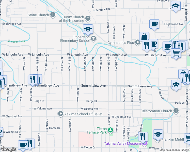 map of restaurants, bars, coffee shops, grocery stores, and more near 207 N 28th Ave in Yakima