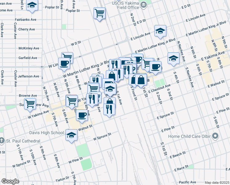 map of restaurants, bars, coffee shops, grocery stores, and more near 104 West Yakima Avenue in Yakima