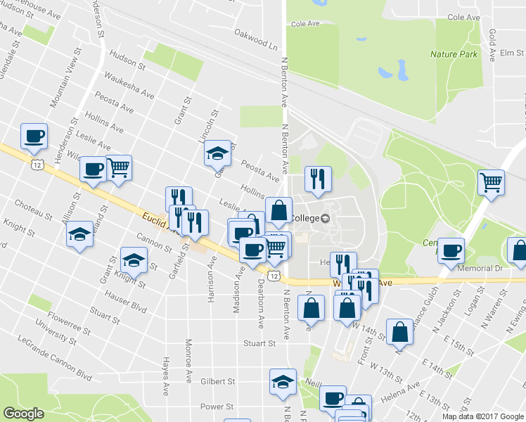 map of restaurants, bars, coffee shops, grocery stores, and more near 1500 Madison Avenue in Helena