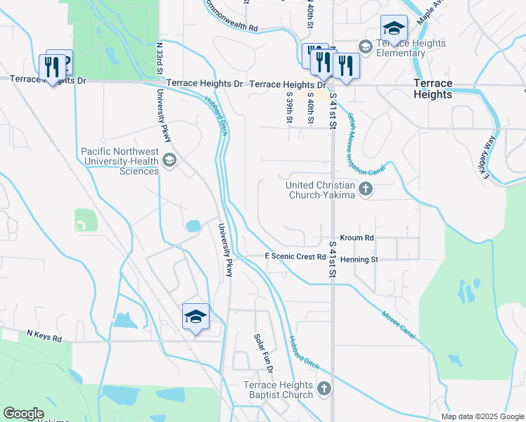 map of restaurants, bars, coffee shops, grocery stores, and more near 313 Seasons Parkway in Yakima