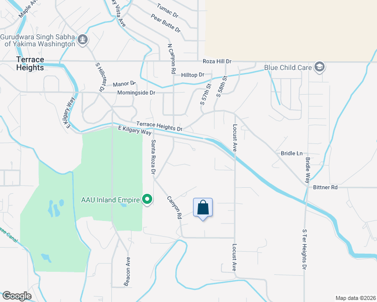 map of restaurants, bars, coffee shops, grocery stores, and more near 309 Canyon Road in Yakima