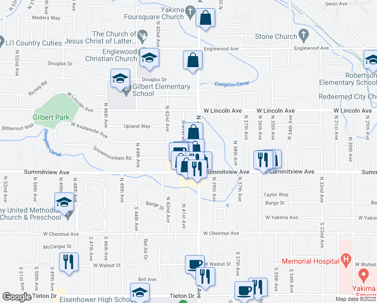 map of restaurants, bars, coffee shops, grocery stores, and more near 4001 Summitview Avenue in Yakima