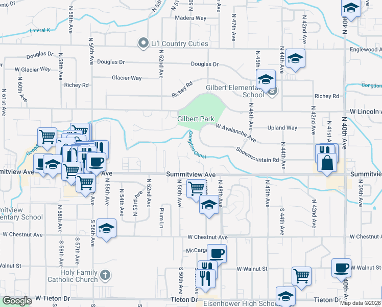 map of restaurants, bars, coffee shops, grocery stores, and more near 4904 Rancho Lane in Yakima