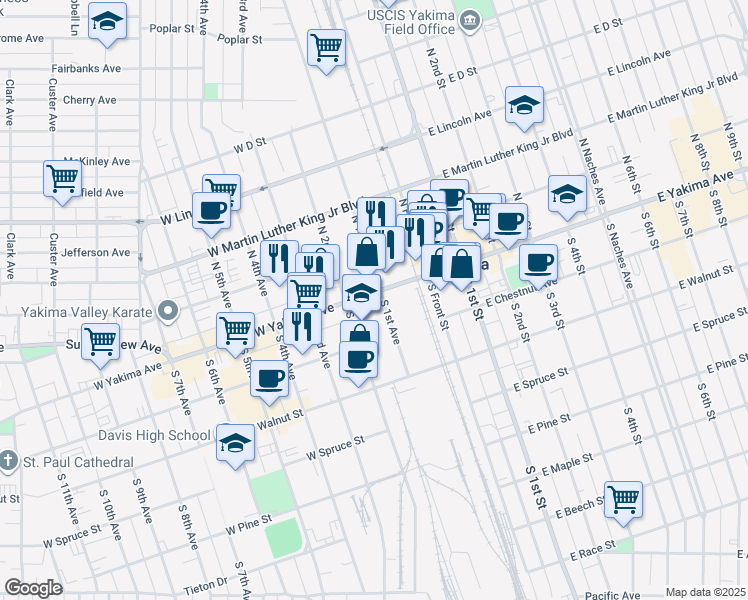 map of restaurants, bars, coffee shops, grocery stores, and more near 104 West Yakima Avenue in Yakima