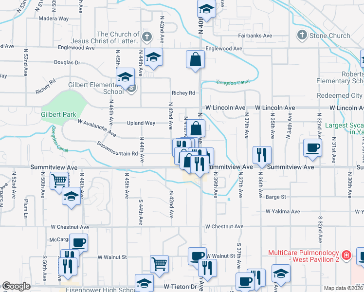 map of restaurants, bars, coffee shops, grocery stores, and more near 4100-4198 Snowmountain Rd in Yakima
