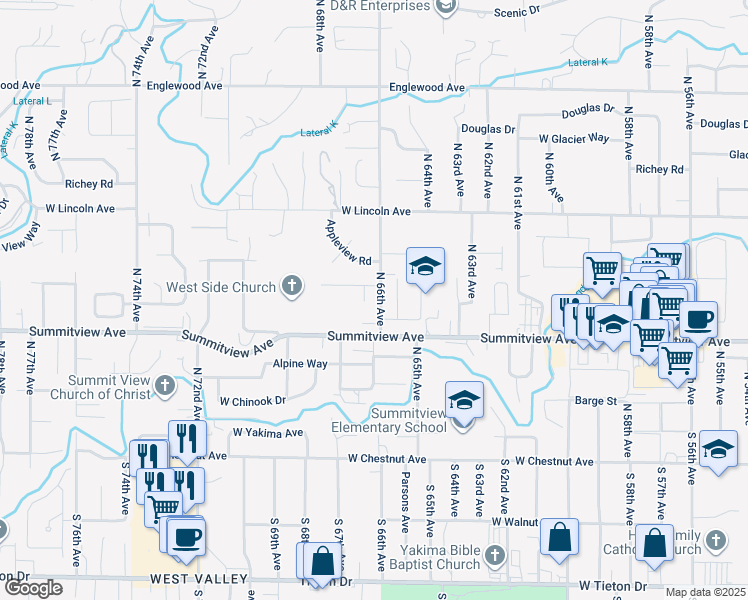 map of restaurants, bars, coffee shops, grocery stores, and more near 202 North 66th Avenue in Yakima