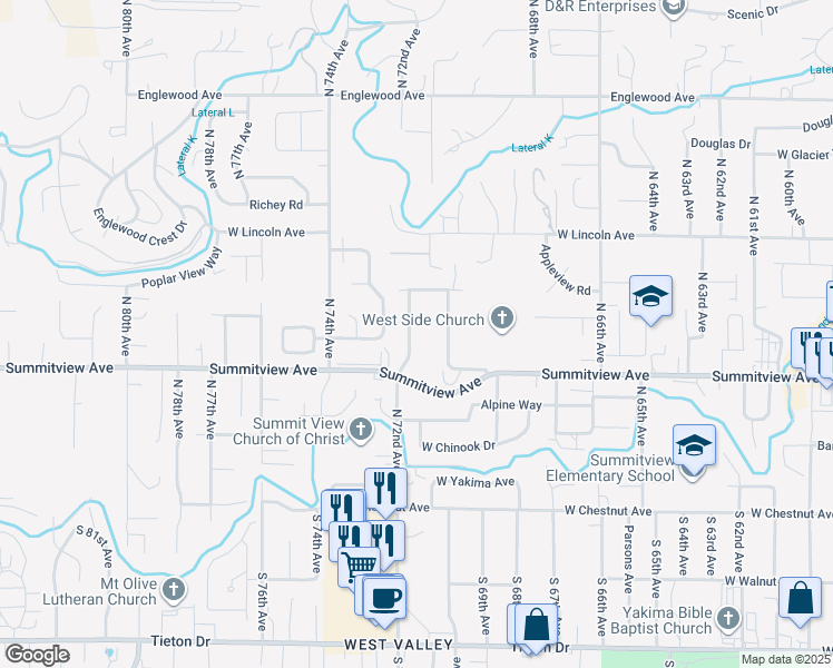map of restaurants, bars, coffee shops, grocery stores, and more near 3 North 70th Avenue in Yakima