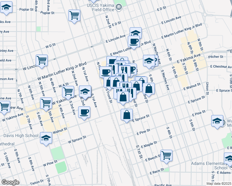 map of restaurants, bars, coffee shops, grocery stores, and more near 112 South 1st Street in Yakima