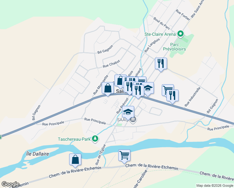 map of restaurants, bars, coffee shops, grocery stores, and more near Boulevard Bégin in Sainte-Claire